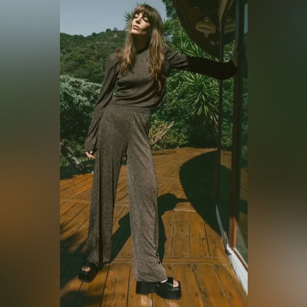 ZARA | Metallic Thread Knit Pants NEW High Waisted Elastic Waist Slinky Disco L